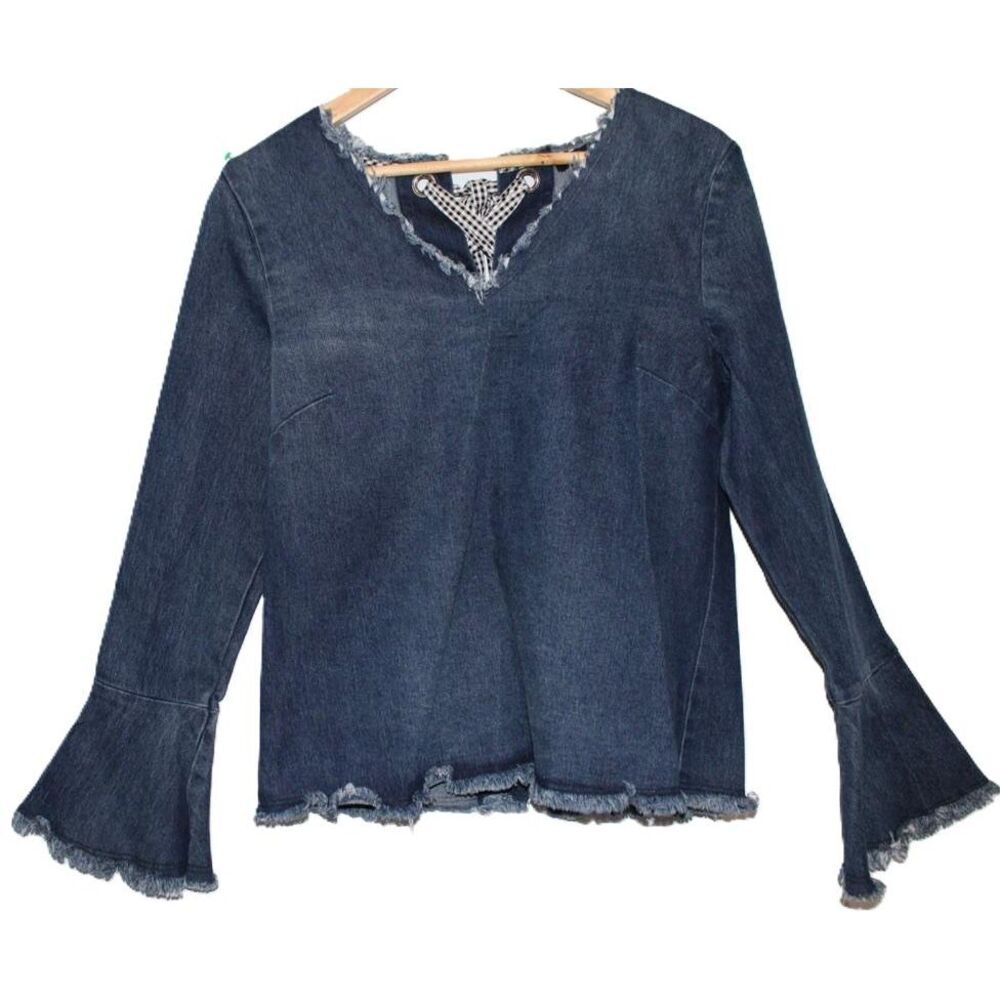 NWOT Womens Moelleux Blue Black White Denim Long Sleeve V-Neck Blouse Top Size M